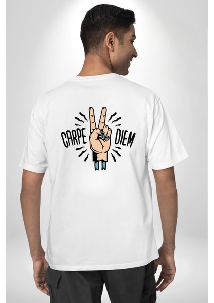 Carpe Diem Barış Işareti El Tasarımı Beyaz Oversize Kadın Erkek Ön ve Sırt Baskılı Tişört fiyatları