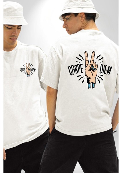 Carpe Diem Barış Işareti El Tasarımı Beyaz Oversize Kadın Erkek Ön ve Sırt Baskılı Tişört fırsatları