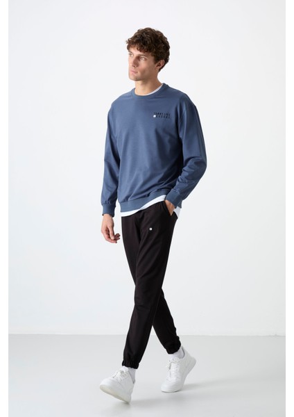 Petrol - Siyah Casual O Yaka Lastik Paça Erkek Oversize Eşofman Takımı - 85120