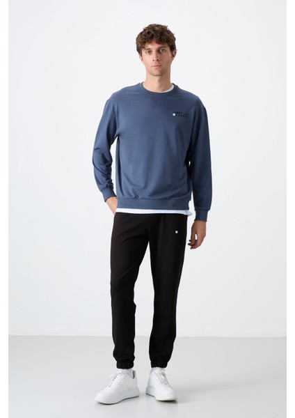 Petrol - Siyah Casual O Yaka Lastik Paça Erkek Oversize Eşofman Takımı - 85120