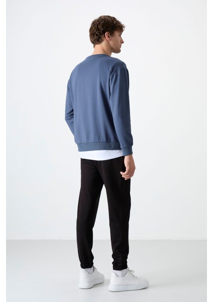 Petrol - Siyah Casual O Yaka Lastik Paça Erkek Oversize Eşofman Takımı - 85120