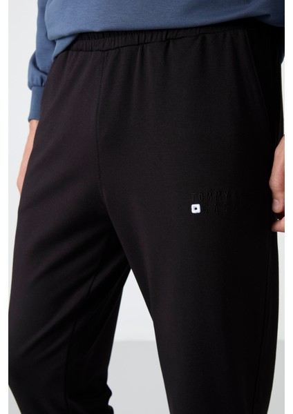 Petrol - Siyah Casual O Yaka Lastik Paça Erkek Oversize Eşofman Takımı - 85120