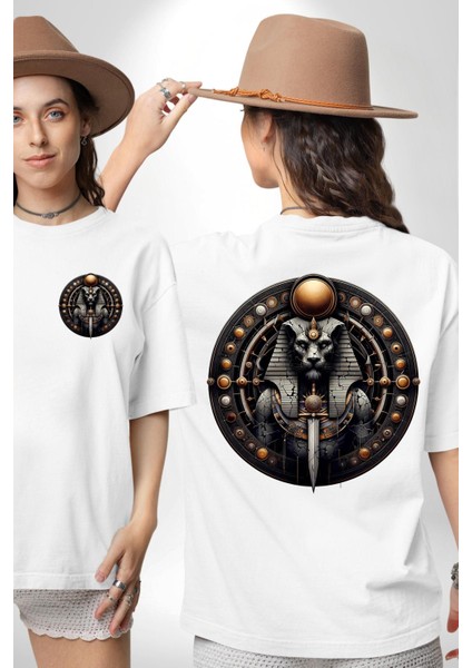 Maahes Antik Savaş ve Koruma Tanrısı Mısır Beyaz Oversize Kadın Erkek Ön ve Sırt Baskılı Tişört