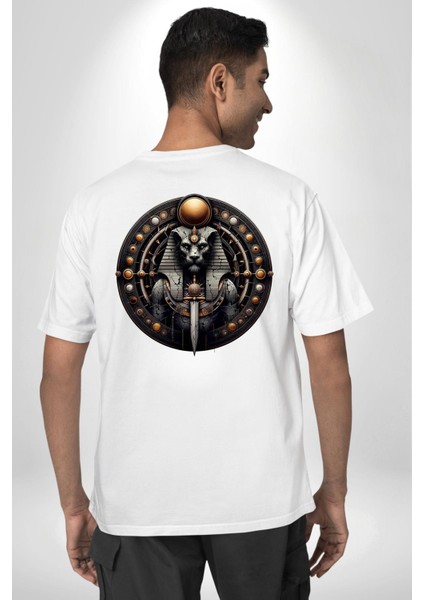 Maahes Antik Savaş ve Koruma Tanrısı Mısır Beyaz Oversize Kadın Erkek Ön ve Sırt Baskılı Tişört fiyatları