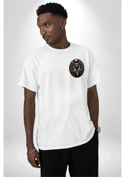 Maahes Antik Savaş ve Koruma Tanrısı Mısır Beyaz Oversize Kadın Erkek Ön ve Sırt Baskılı Tişört modelleri