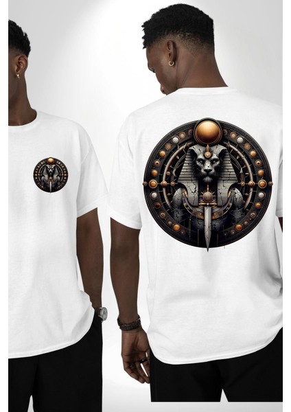 Maahes Antik Savaş ve Koruma Tanrısı Mısır Beyaz Oversize Kadın Erkek Ön ve Sırt Baskılı Tişört fırsatları