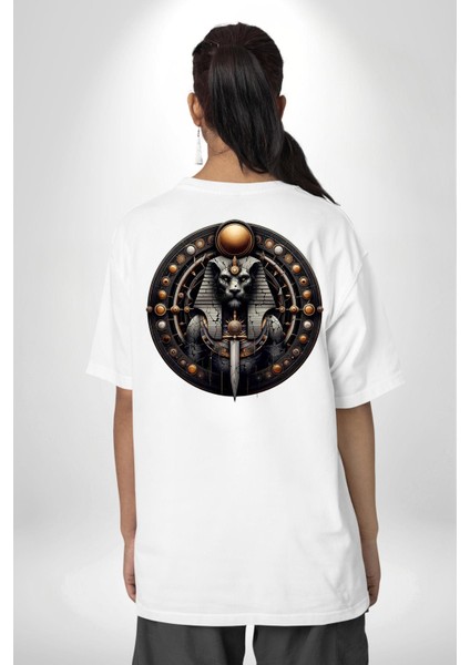 Maahes Antik Savaş ve Koruma Tanrısı Mısır Beyaz Oversize Kadın Erkek Ön ve Sırt Baskılı Tişört indirimleri