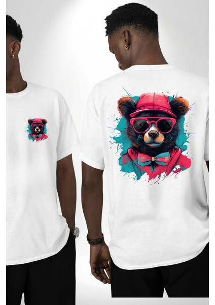 Havalı Papyonlu Ayı Beyaz Oversize Kadın Erkek Ön ve Sırt Baskılı Tişört