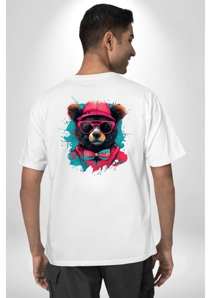 Havalı Papyonlu Ayı Beyaz Oversize Kadın Erkek Ön ve Sırt Baskılı Tişört fiyatları