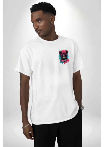 Havalı Papyonlu Ayı Beyaz Oversize Kadın Erkek Ön ve Sırt Baskılı Tişört modelleri