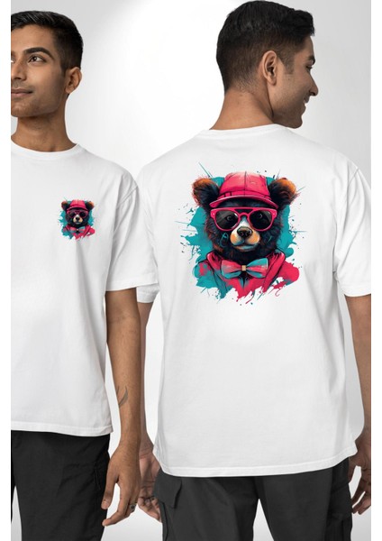 Havalı Papyonlu Ayı Beyaz Oversize Kadın Erkek Ön ve Sırt Baskılı Tişört fırsatları