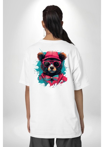 Havalı Papyonlu Ayı Beyaz Oversize Kadın Erkek Ön ve Sırt Baskılı Tişört indirimleri