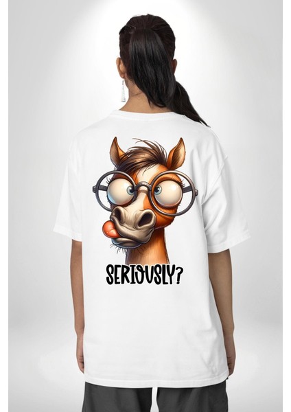 Gözlüklü At Ciddi Misin? Mizah Komik Tasarım Beyaz Oversize Kadın Erkek Ön ve Sırt Baskılı Tişört indirimleri