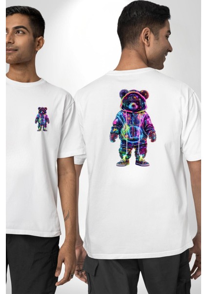 Neon Işıklarla Canlandırılmış Ayıcık Beyaz Oversize Kadın Erkek Ön ve Sırt Baskılı Tişört