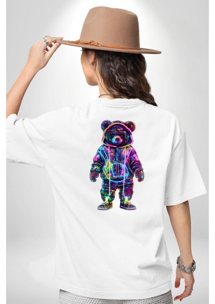 Neon Işıklarla Canlandırılmış Ayıcık Beyaz Oversize Kadın Erkek Ön ve Sırt Baskılı Tişört indirimleri