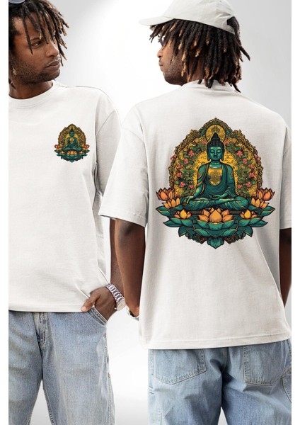 Ruhani, Meditasyon ve Doğa Teması Beyaz Oversize Kadın Erkek Ön ve Sırt Baskılı Tişört