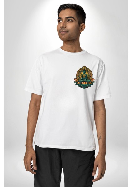 Ruhani, Meditasyon ve Doğa Teması Beyaz Oversize Kadın Erkek Ön ve Sırt Baskılı Tişört modelleri
