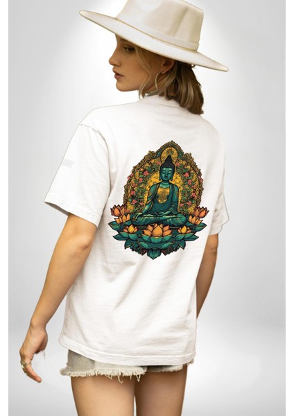Ruhani, Meditasyon ve Doğa Teması Beyaz Oversize Kadın Erkek Ön ve Sırt Baskılı Tişört indirimleri