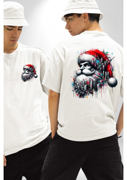 Sokakta Noel Baba Beyaz Oversize Kadın Erkek Ön ve Sırt Baskılı Tişört