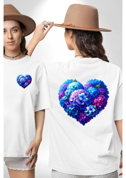 Ortanca Çiçeği Tasarımı Beyaz Oversize Kadın Erkek Ön ve Sırt Baskılı Tişört