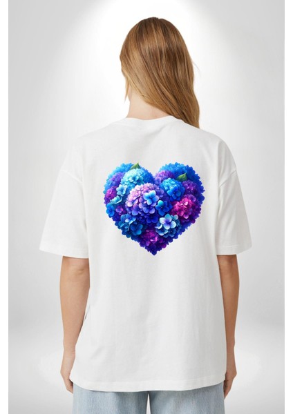 Ortanca Çiçeği Tasarımı Beyaz Oversize Kadın Erkek Ön ve Sırt Baskılı Tişört fiyatları
