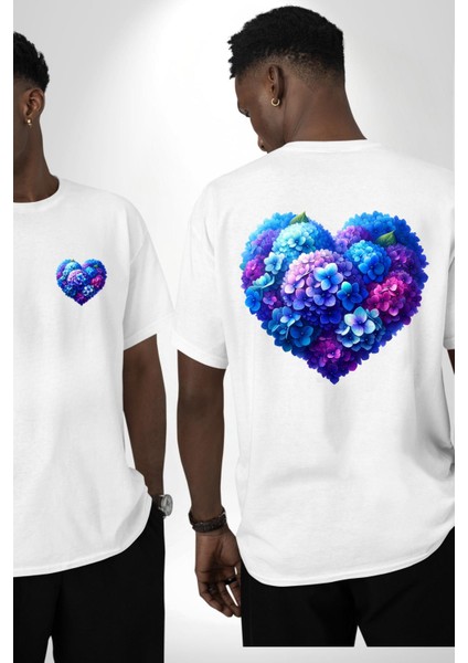 Ortanca Çiçeği Tasarımı Beyaz Oversize Kadın Erkek Ön ve Sırt Baskılı Tişört fırsatları