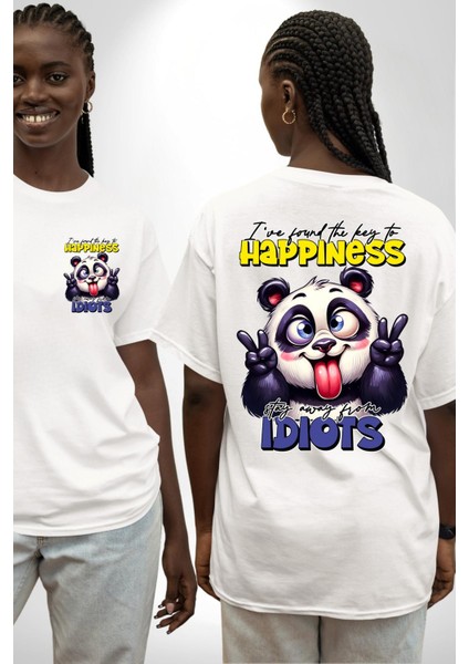 Mutluluğun Anahtarını Buldum Panda Komik Tasarım Beyaz Oversize Kadın Erkek Ön ve Sırt Baskılı Tişört