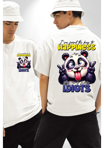 Mutluluğun Anahtarını Buldum Panda Komik Tasarım Beyaz Oversize Kadın Erkek Ön ve Sırt Baskılı Tişört fırsatları