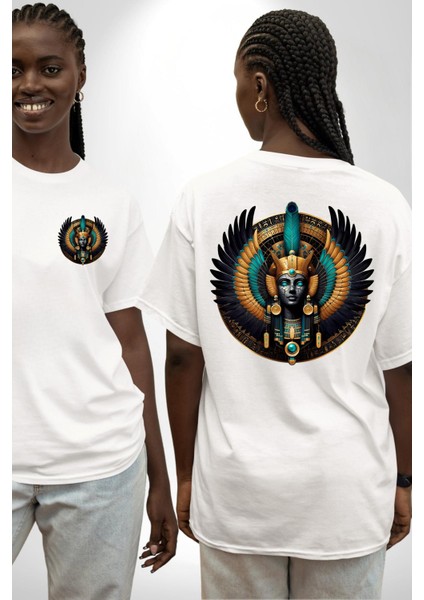 Maat Hakikat, Adalet ve Kozmik Denge Tanrıçası Beyaz Oversize Kadın Erkek Ön ve Sırt Baskılı Tişört