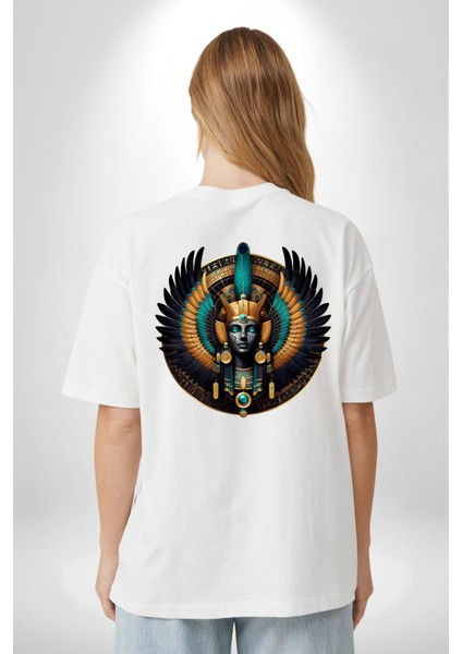 Maat Hakikat, Adalet ve Kozmik Denge Tanrıçası Beyaz Oversize Kadın Erkek Ön ve Sırt Baskılı Tişört fiyatları