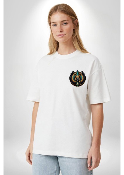 Maat Hakikat, Adalet ve Kozmik Denge Tanrıçası Beyaz Oversize Kadın Erkek Ön ve Sırt Baskılı Tişört modelleri