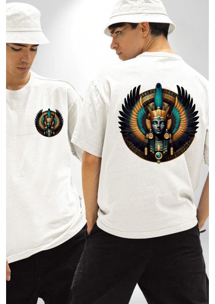 Maat Hakikat, Adalet ve Kozmik Denge Tanrıçası Beyaz Oversize Kadın Erkek Ön ve Sırt Baskılı Tişört fırsatları