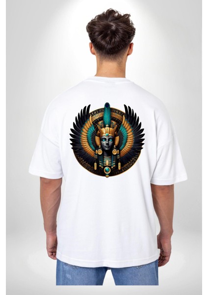 Maat Hakikat, Adalet ve Kozmik Denge Tanrıçası Beyaz Oversize Kadın Erkek Ön ve Sırt Baskılı Tişört indirimleri