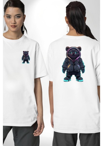 Parlak Neon Detaylı Gece Stilinde Ayıcık Beyaz Oversize Kadın Erkek Ön ve Sırt Baskılı Tişört