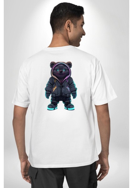 Parlak Neon Detaylı Gece Stilinde Ayıcık Beyaz Oversize Kadın Erkek Ön ve Sırt Baskılı Tişört fiyatları