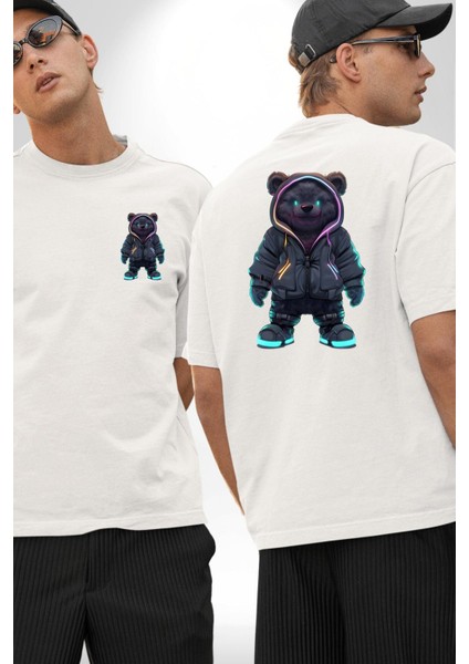 Parlak Neon Detaylı Gece Stilinde Ayıcık Beyaz Oversize Kadın Erkek Ön ve Sırt Baskılı Tişört fırsatları