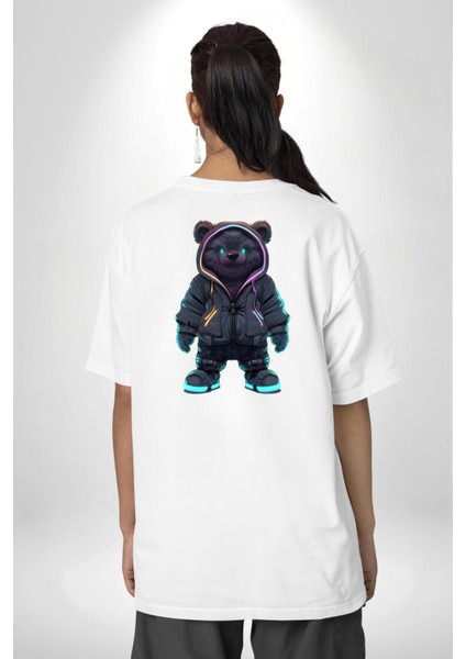 Parlak Neon Detaylı Gece Stilinde Ayıcık Beyaz Oversize Kadın Erkek Ön ve Sırt Baskılı Tişört indirimleri