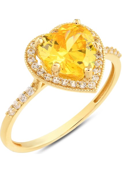 14K Altın Sitrin Kalp Yüzük, Kalp Kesim Tektaş Yüzük, Düğün Nişan Söz Takıları