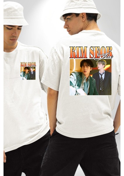Kim Seok Jin Şarkıcı Kore Pop Beyaz Oversize Kadın Erkek Ön ve Sırt Baskılı Tişört