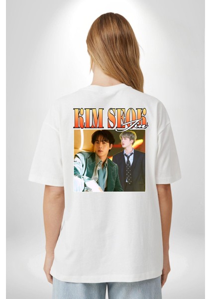 Kim Seok Jin Şarkıcı Kore Pop Beyaz Oversize Kadın Erkek Ön ve Sırt Baskılı Tişört fiyatları