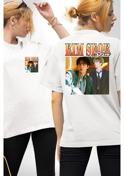 Kim Seok Jin Şarkıcı Kore Pop Beyaz Oversize Kadın Erkek Ön ve Sırt Baskılı Tişört fırsatları