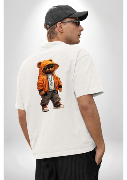 Hip Hop Turuncu Kapüşonlu Urban Stil Ayıcık Beyaz Oversize Kadın Erkek Ön ve Sırt Baskılı Tişört fiyatları