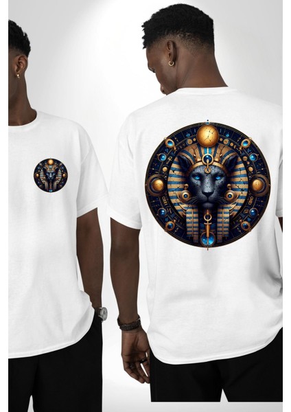 Mavi Aslan Tefnut Nem ve Su Elementi Mısır Beyaz Oversize Kadın Erkek Ön ve Sırt Baskılı Tişört