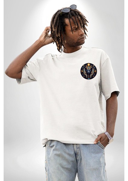 Mavi Aslan Tefnut Nem ve Su Elementi Mısır Beyaz Oversize Kadın Erkek Ön ve Sırt Baskılı Tişört modelleri