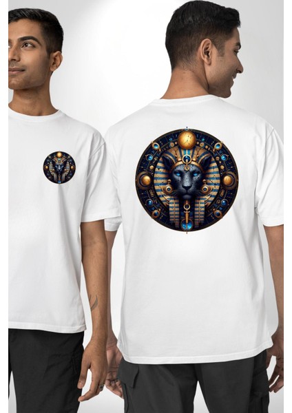 Mavi Aslan Tefnut Nem ve Su Elementi Mısır Beyaz Oversize Kadın Erkek Ön ve Sırt Baskılı Tişört fırsatları
