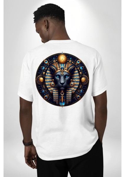 Mavi Aslan Tefnut Nem ve Su Elementi Mısır Beyaz Oversize Kadın Erkek Ön ve Sırt Baskılı Tişört indirimleri