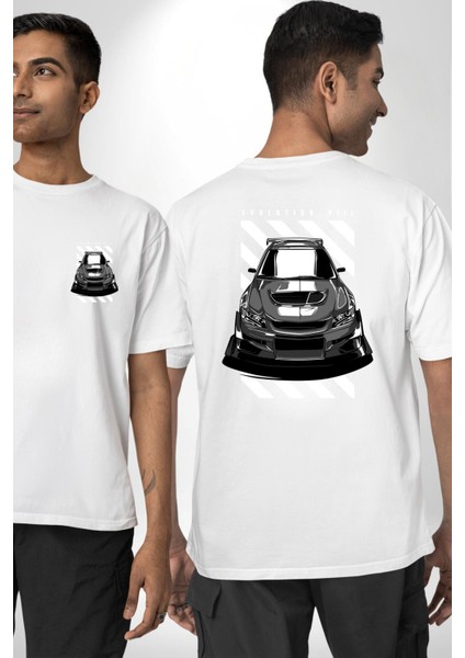 Beyaz Beyaz Spor Hatchback Araba Beyaz Oversize Kadın Erkek Ön ve Sırt Baskılı Tişört