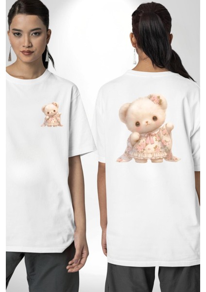 Kawaii Stil Özel Pembe Çiçek Motifli Ayıcık Beyaz Oversize Kadın Erkek Ön ve Sırt Baskılı Tişört