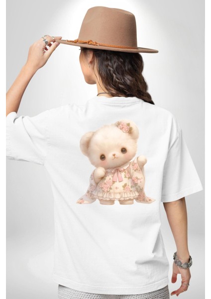 Kawaii Stil Özel Pembe Çiçek Motifli Ayıcık Beyaz Oversize Kadın Erkek Ön ve Sırt Baskılı Tişört fiyatları