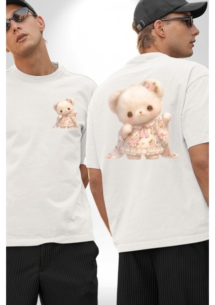 Kawaii Stil Özel Pembe Çiçek Motifli Ayıcık Beyaz Oversize Kadın Erkek Ön ve Sırt Baskılı Tişört fırsatları